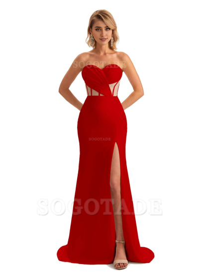 Sexy Sweetheart Strapless Side Slit Mermaid Soft Satin Unique Long Bridesmaid Dress For Wedding
