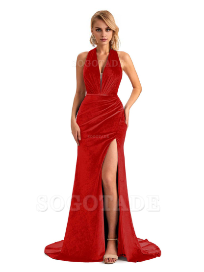 Sexy Deep V Neck Backless Mermaid Halter Side Slit Velvet Long Bridesmaid Dresses Online