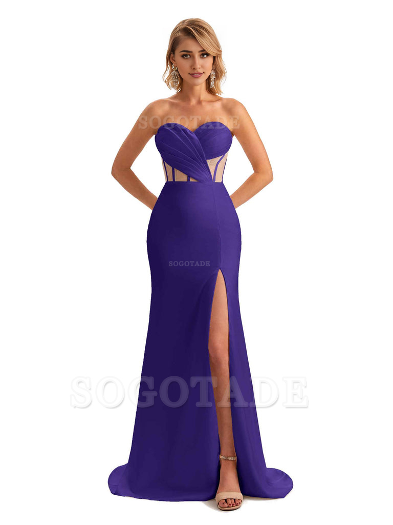 Sexy Sweetheart Strapless Side Slit Mermaid Soft Satin Unique Long Bridesmaid Dress For Wedding