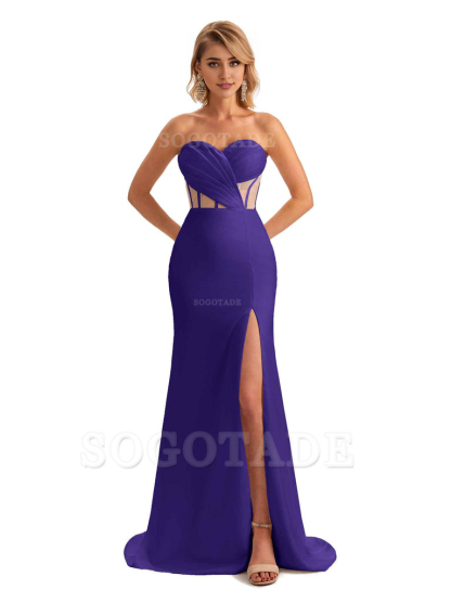 Sexy Sweetheart Strapless Side Slit Mermaid Soft Satin Unique Long Bridesmaid Dress For Wedding