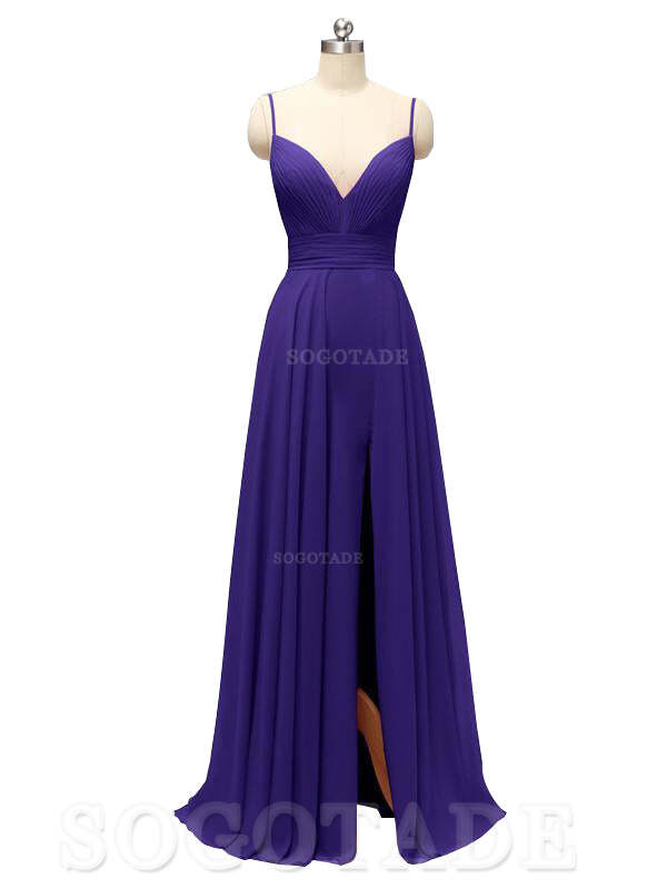 Honest Chiffon Spaghetti Straps Slit Long Bridesmaid Dresses prom shop dresses