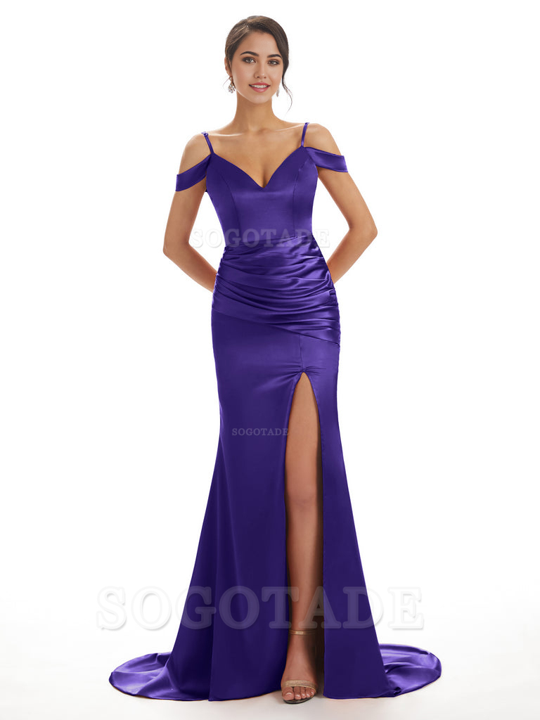 Mermaid Off The Shoulder Satin formal dresses evening gown Bridesmaid Dresses With Side Slit 