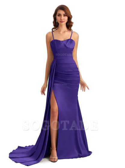 Sexy Spaghetti Straps Side Slit Mermaid Unique Long Bridesmaid Dresses In Satin