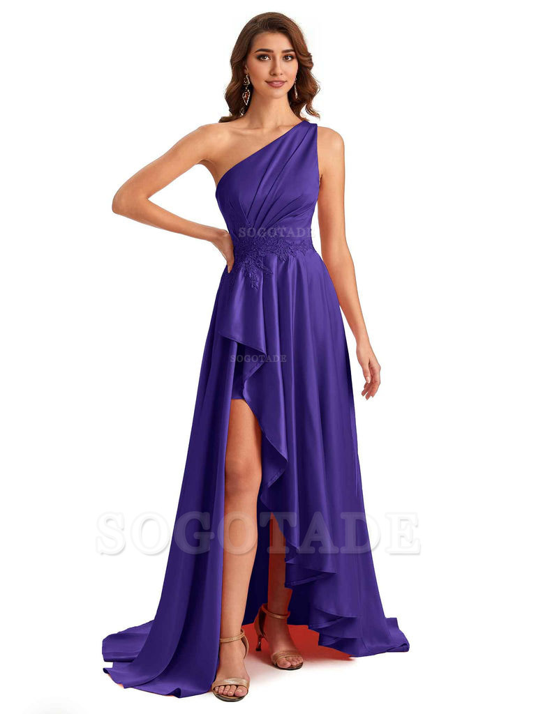 Sexy One Shoulder A-Line High Low Silky Satin Lace Long Formal Wedding Guest Dresses