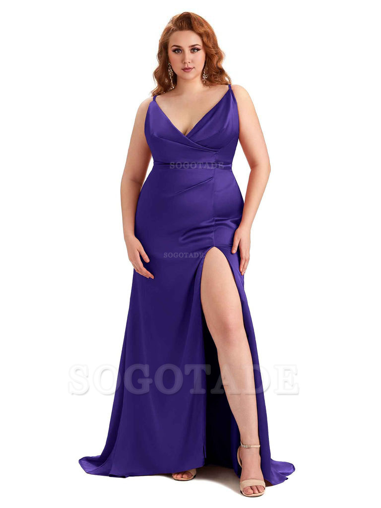 Sexy Side Slit Spaghetti Straps Mermaid Soft Satin Fashion Bridesmaid Dresses