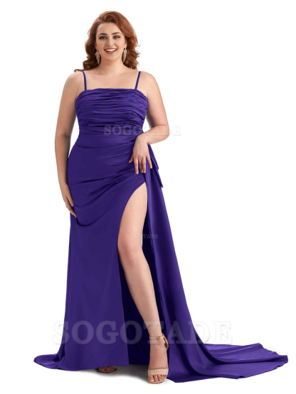 Sexy Side Slit Spaghetti Straps Mermaid Soft Satin Long Plus Size Bridesmaid Dresses Online