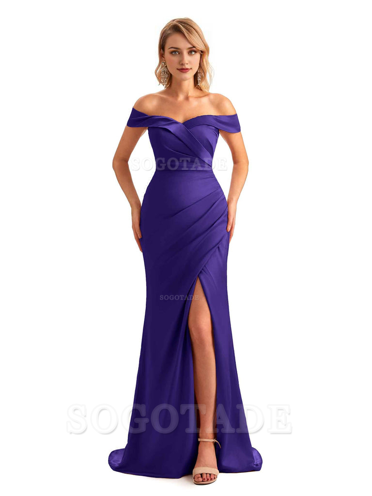 Off Shoulder Side Slit Mermaid Silky Satin Unique Long Formal Wedding Guest Dresses Online