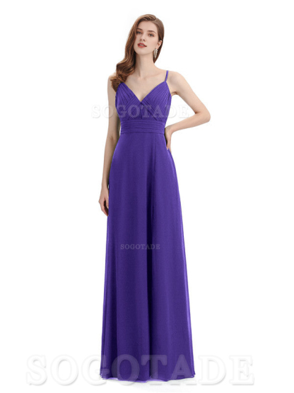 Chiffon V-Neck Spaghetti Strap Floor-Length Side Fork Long Bridesmaid Dresses Formal Women's Dresses Wedding Guests Dresses