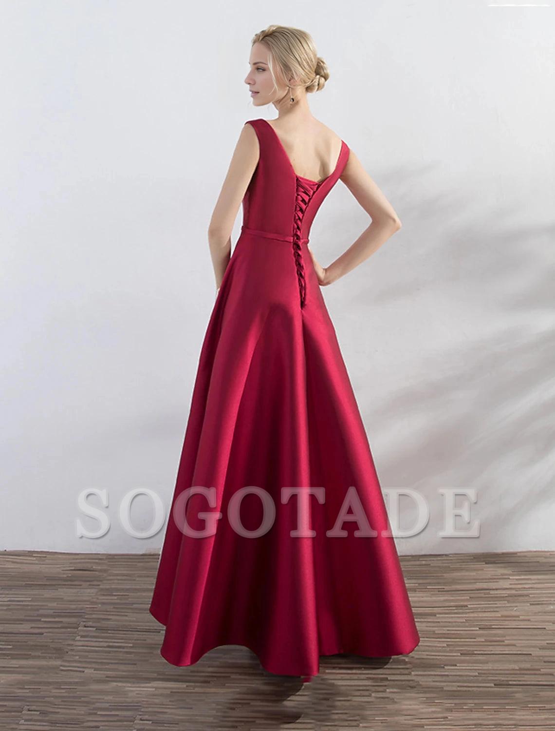 A-Line Evening Gown Red Green Dress Wedding Guest Party Wear Asymmetrical Sleeveless Jewel Neck Satin with Sleek-SOGOTADE