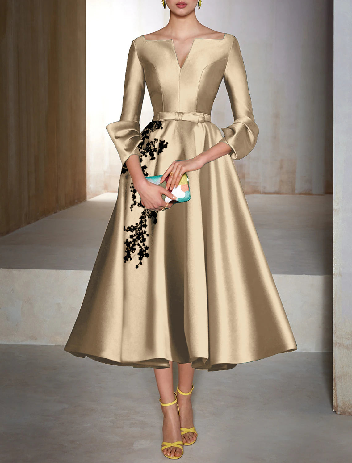 A-Line Cocktail Dresses Christmas Red Green Dress Wedding Guest Tea Length 3/4 Length Sleeve V Neck Satin with Bow(s) Appliques 2024-SOGOTADE