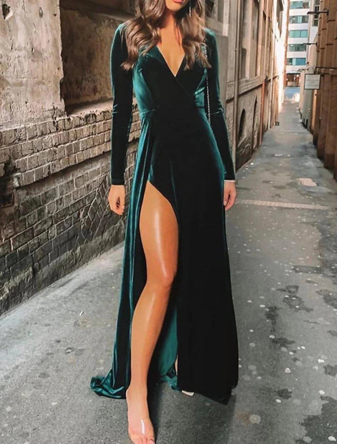 A-Line Bridesmaid Dress V Neck Long Sleeve Sexy Sweep / Brush Train Velvet with Split Front-SOGOTADE