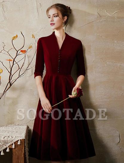 A-Line Minimalist Vintage Party Wear Cocktail Party Dress V Neck Half Sleeve Tea Length Velvet with Sleek-SOGOTADE
