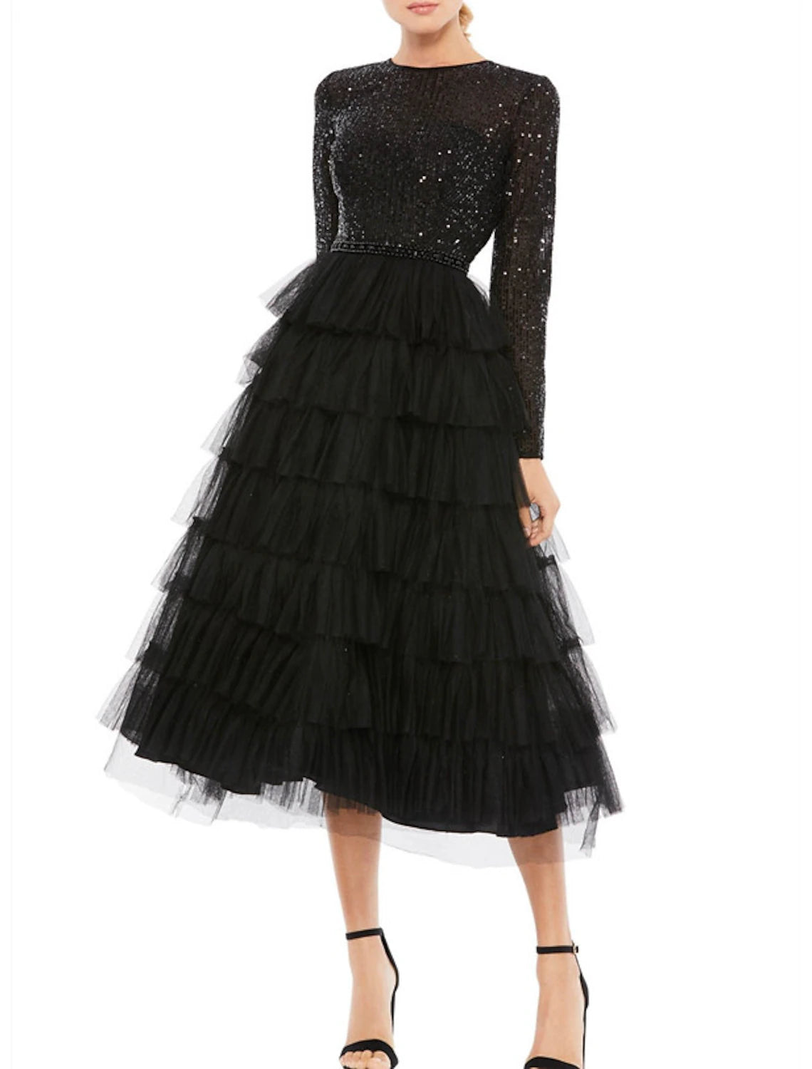 A-Line Cocktail Dresses Sparkle Black Dress Plus Size Party Wear Wedding Guest Tea Length Long Sleeve Jewel Neck Fall Wedding Guest Tulle with Sequin Tiered 2024-SOGOTADE