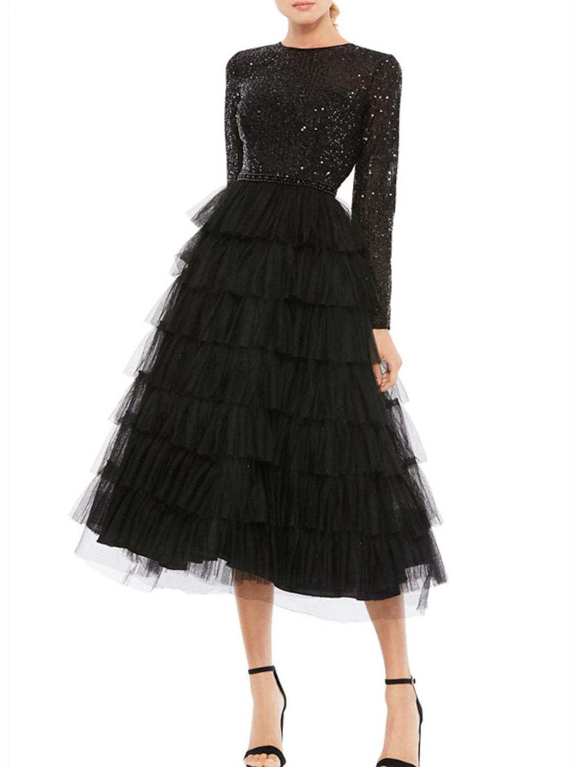 A-Line Cocktail Dresses Sparkle Black Dress Plus Size Party Wear Wedding Guest Tea Length Long Sleeve Jewel Neck Fall Wedding Guest Tulle with Sequin Tiered 2024-SOGOTADE
