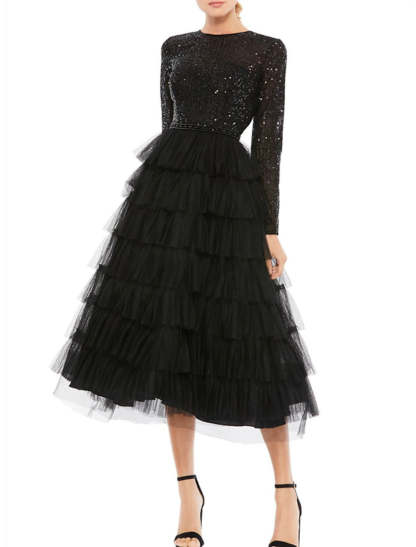 A-Line Cocktail Dresses Sparkle Black Dress Plus Size Party Wear Wedding Guest Tea Length Long Sleeve Jewel Neck Fall Wedding Guest Tulle with Sequin Tiered 2024-SOGOTADE