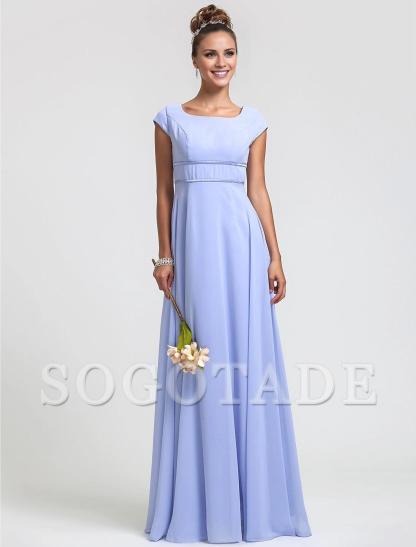 Sheath / Column Bridesmaid Dress Square Neck Short Sleeve Elegant Floor Length Chiffon with Sash / Ribbon / Pleats