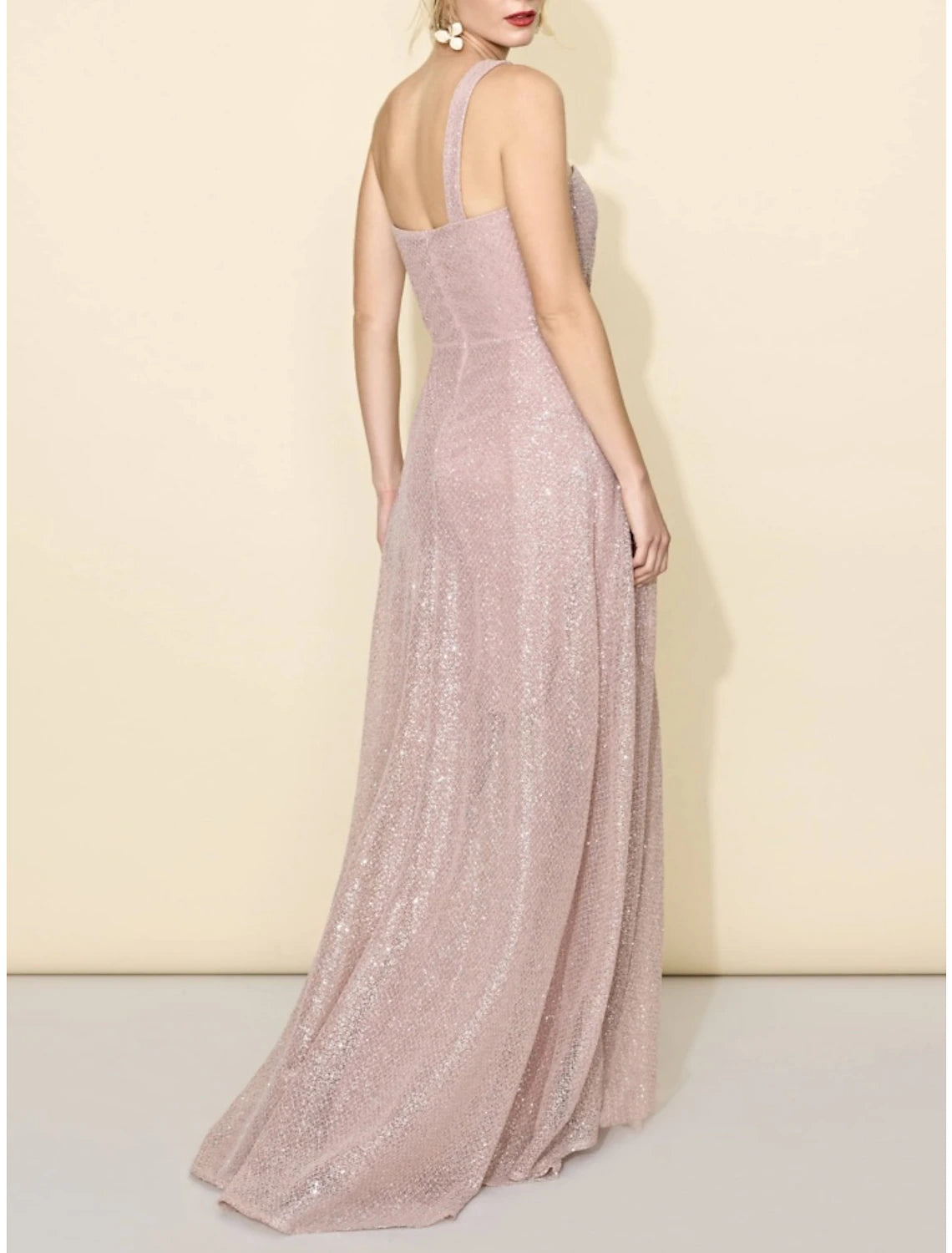 A-Line Bridesmaid Dress One Shoulder Sleeveless Elegant Sweep / Brush Train Sequined with Split Front / Ruching-SOGOTADE