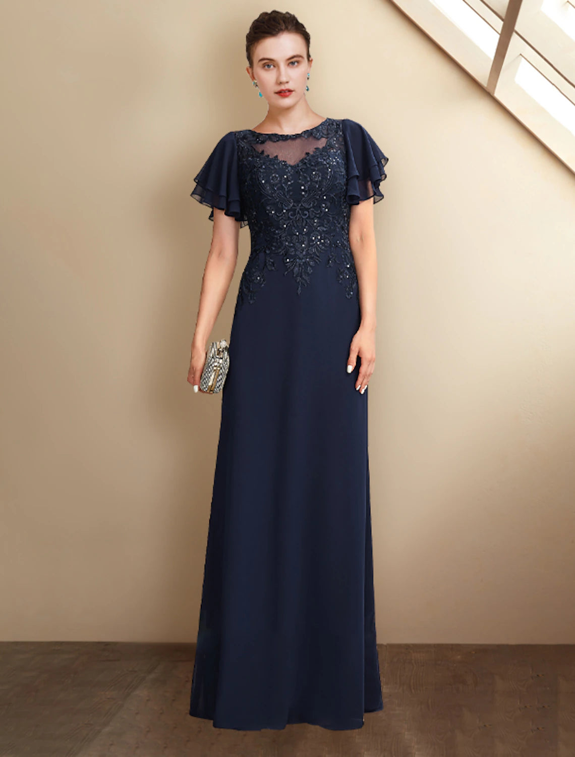 A-Line Mother of the Bride Dress Plus Size Elegant Jewel Neck Floor Length Chiffon Lace Short Sleeve with Sequin Appliques-SOGOTADE