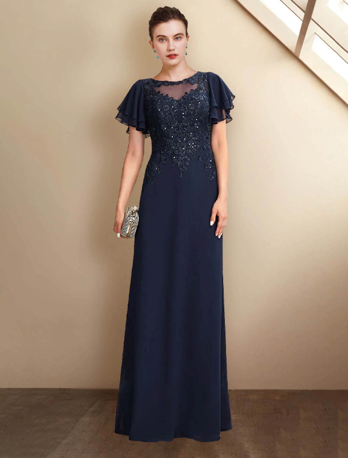 A-Line Mother of the Bride Dress Plus Size Elegant Jewel Neck Floor Length Chiffon Lace Short Sleeve with Sequin Appliques-SOGOTADE