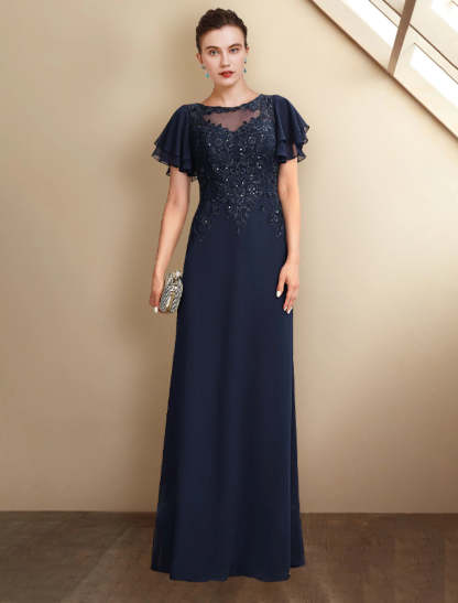 A-Line Mother of the Bride Dress Plus Size Elegant Jewel Neck Floor Length Chiffon Lace Short Sleeve with Sequin Appliques-SOGOTADE