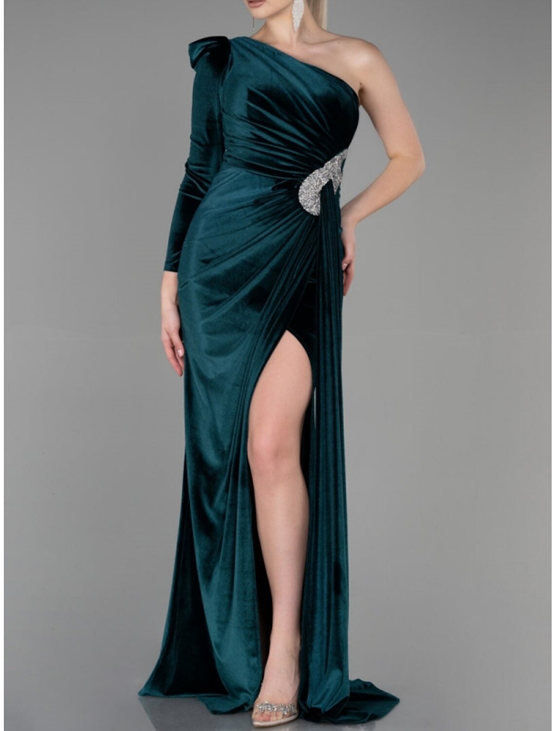 A-Line Evening Gown Christmas Elegant Dress Formal Sweep / Brush Train Long Sleeve One Shoulder Velvet with Glitter Pleats Ruched 2024-SOGOTADE