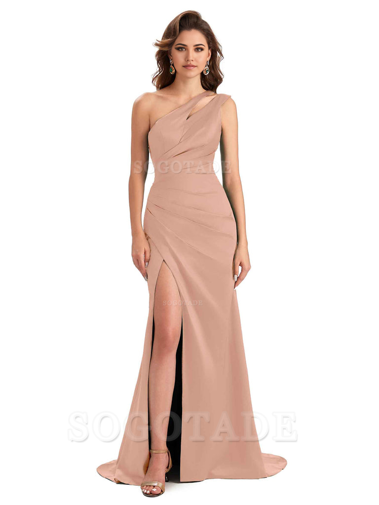 Mermaid One Shoulder Satin Sexy formal dresses evening gown Bridesmaid Dresses With Side Slit 