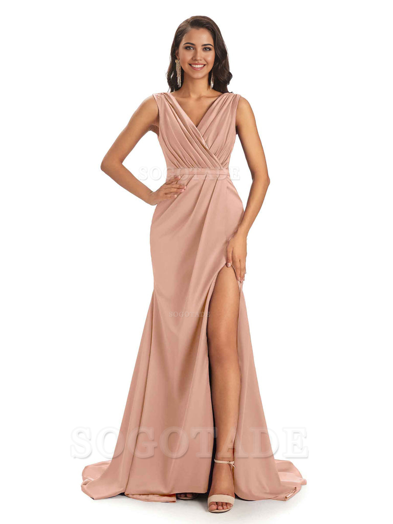A-line V-neck Floor-Length Satin formal dresses evening gown Bridesmaid Dresses With Side Slit 