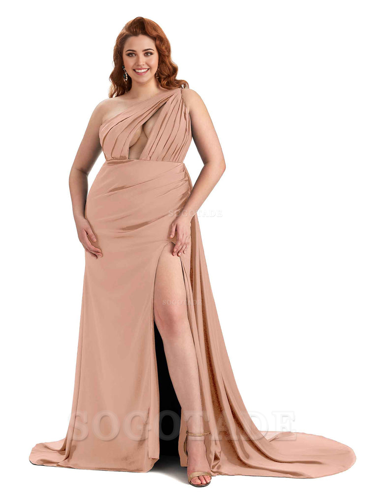 One Shoulder Sleeveless Sexy Side Slit Mermaid Soft Satin Long Plus Size Bridesmaid Dresses Online