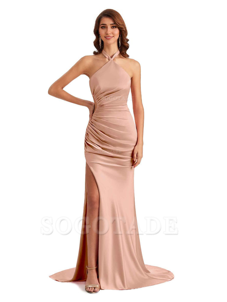 Sexy Halter Mermaid Silky Satin Unique Long Formal Wedding Guest Dresses