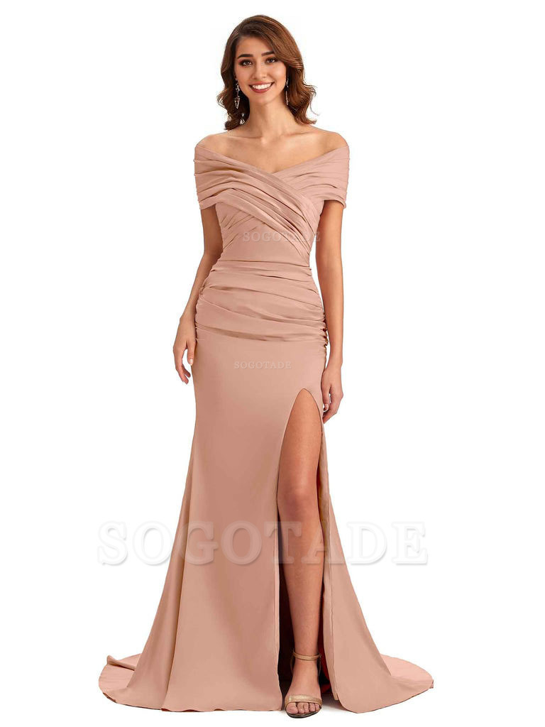 Sexy Off The Shoulder Side Slit Mermaid Satin Unique Long Formal Wedding Guest Dresses