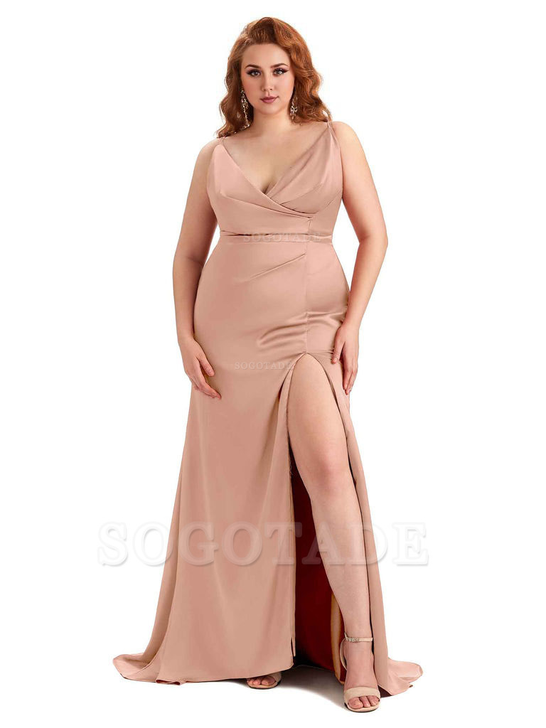 Sexy Side Slit Spaghetti Straps Mermaid Soft Satin Fashion Bridesmaid Dresses