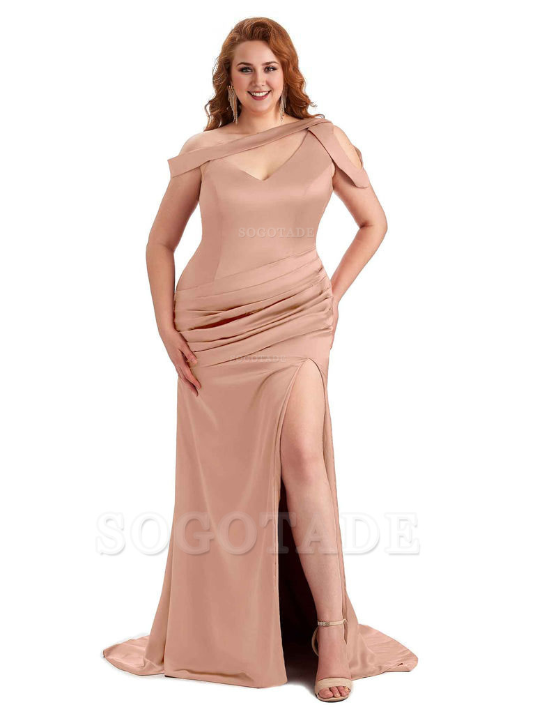 Sexy V-Neck Side Slit Unique Mermaid Soft Satin Long Plus Size Bridesmaid Dress For Wedding