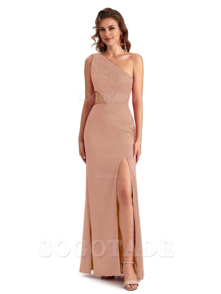 Sexy Side Slit Mermaid Lace Silky Satin One Shoulder Chic Long Bridesmaid Dresses