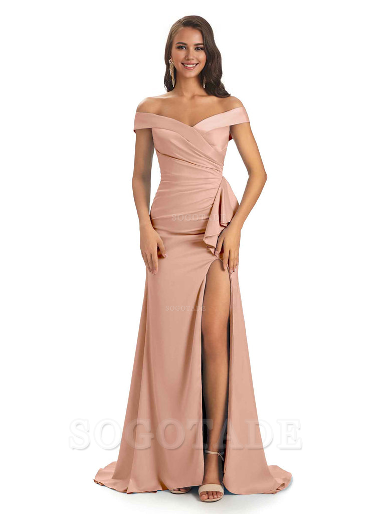 Sexy Soft Satin Side Slit Off The Shoulder Maxi Long Mermaid Bridesmaid Dresses prom shop dresses