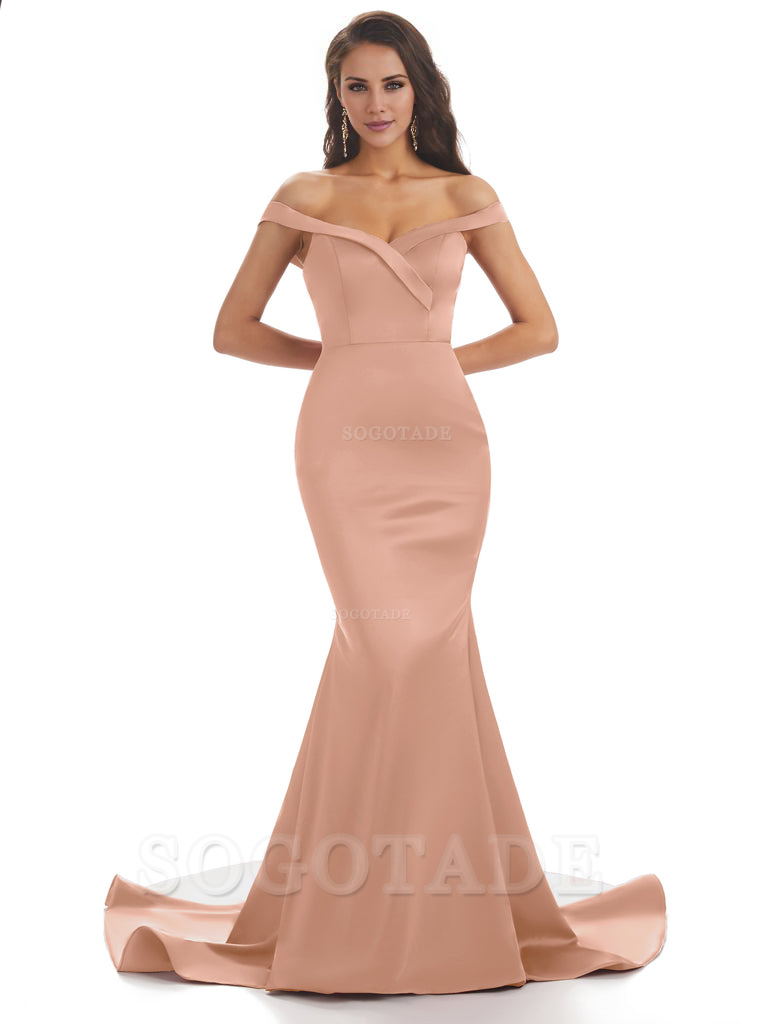 Elegant Off The Shoulder Soft Satin Mermaid Long Bridesmaid Dresses Charming Evening Party Dress