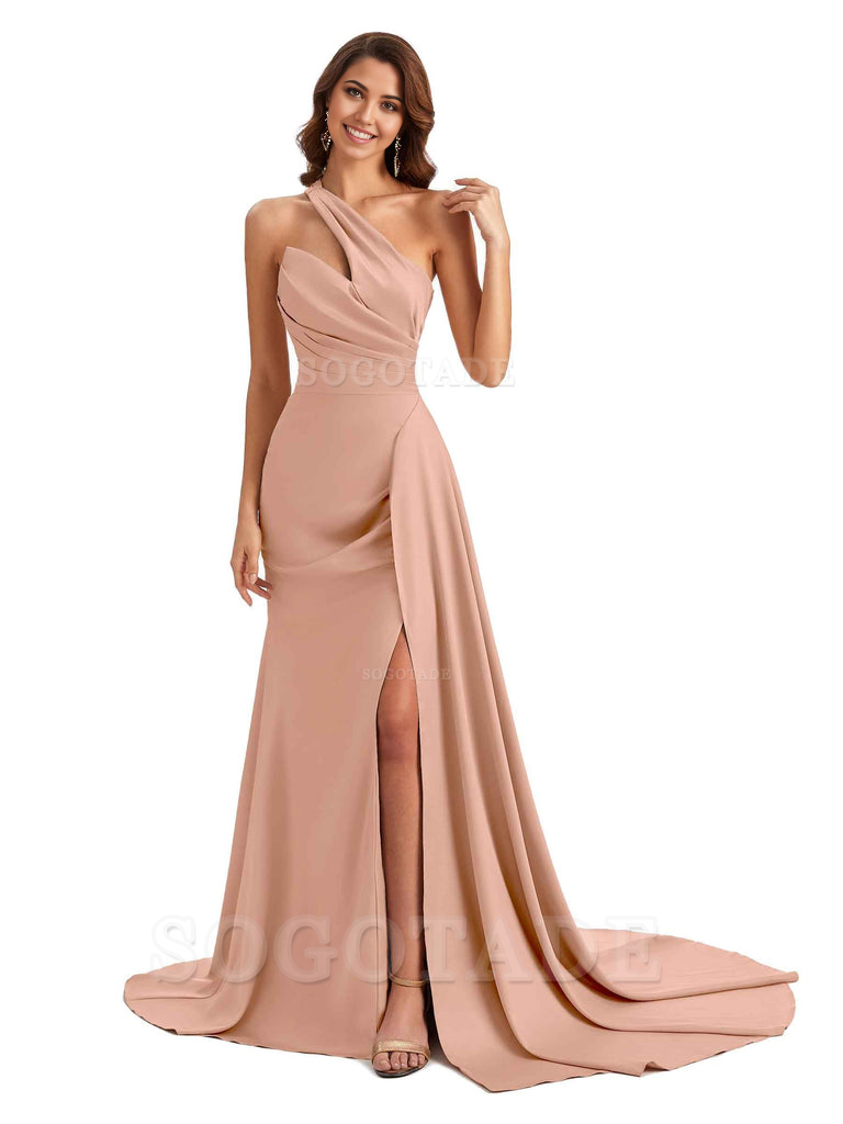 Mermaid One shoulder Satin formal dresses evening gown Bridesmaid Dresses With Side Slit 