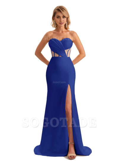Sexy Sweetheart Strapless Side Slit Mermaid Soft Satin Unique Long Bridesmaid Dress For Wedding