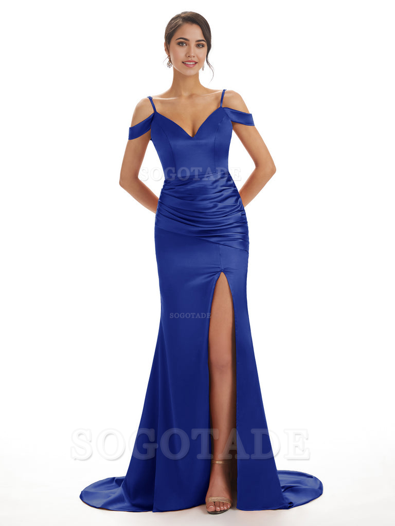 Mermaid Off The Shoulder Satin formal dresses evening gown Bridesmaid Dresses With Side Slit 