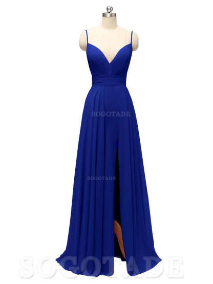 Honest Chiffon Spaghetti Straps Slit Long Bridesmaid Dresses prom shop dresses
