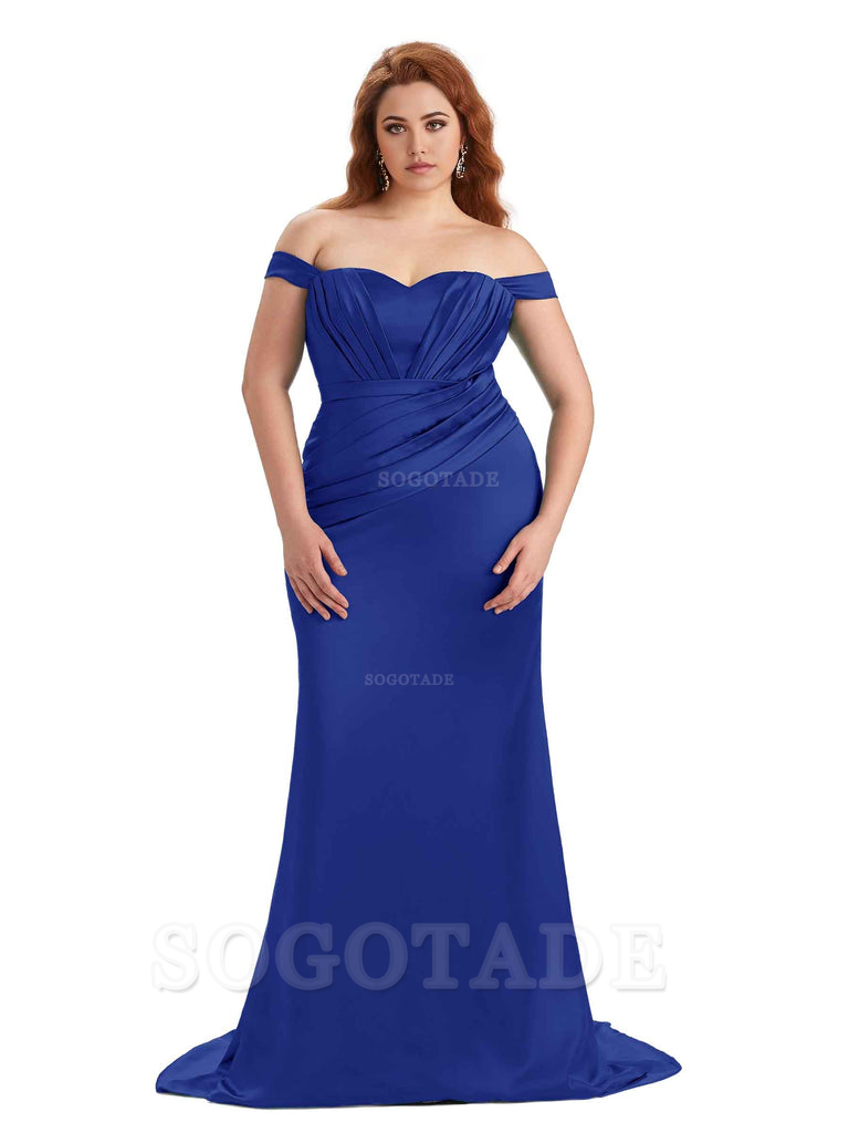 Sexy Mermaid Off The Shoulder Sweetheart Soft Satin Floor Length Long Plus Size Maid of Honor Dresses