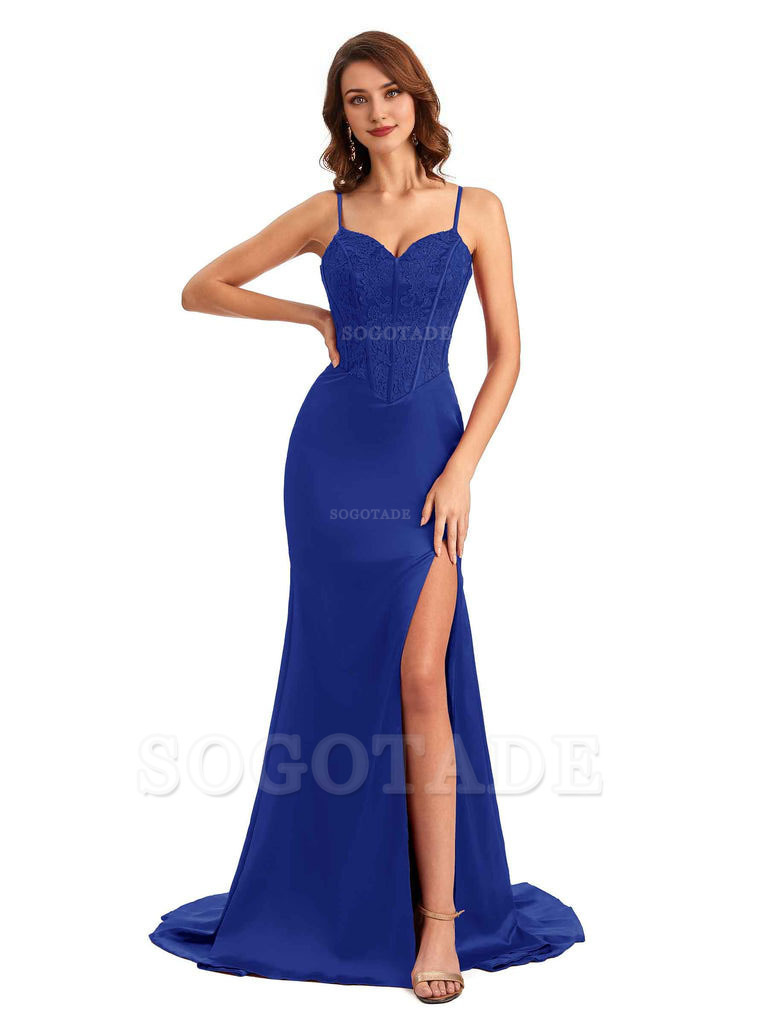 Sexy Side Slit Mermaid Silky Satin V-Neck Lace Unique Long Bridesmaid Dresses