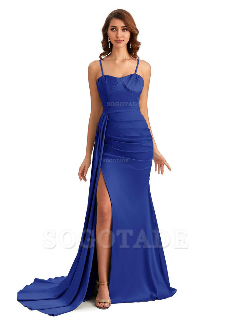Sexy Spaghetti Straps Side Slit Mermaid Unique Long Bridesmaid Dresses In Satin