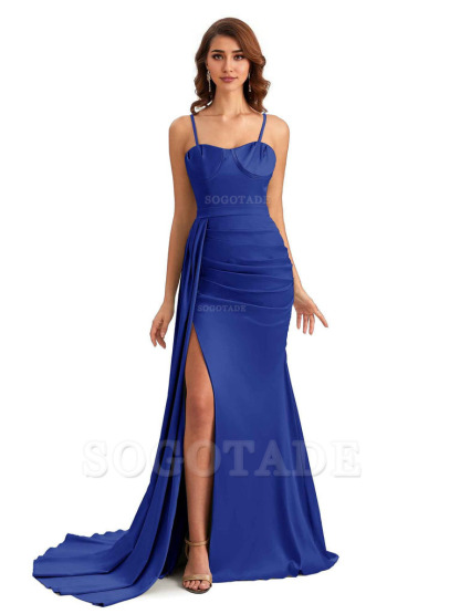 Sexy Spaghetti Straps Side Slit Mermaid Unique Long Bridesmaid Dresses In Satin