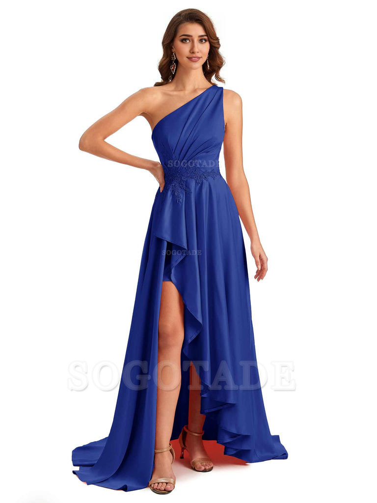 Sexy One Shoulder A-Line High Low Silky Satin Lace Long Formal Wedding Guest Dresses