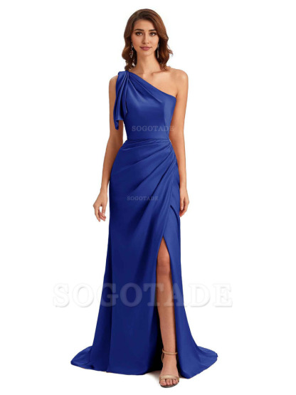 Sexy One Shoulder Mermaid Side Slit Unique Silky Satin Bridesmaid Dresses 