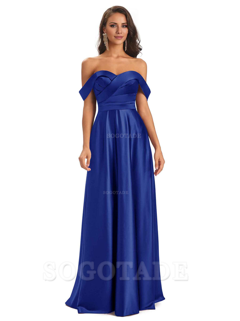 Sexy Soft Satin Off The Shoulder A-Line Long Bridesmaid Dresses Elegant Evening Party Dress