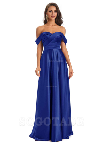Sexy Soft Satin Off The Shoulder A-Line Long Bridesmaid Dresses Elegant Evening Party Dress