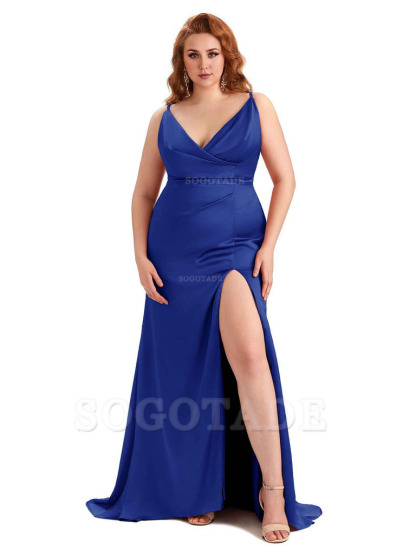 Sexy Side Slit Spaghetti Straps Mermaid Soft Satin Fashion Bridesmaid Dresses
