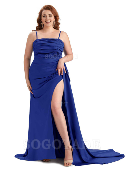 Sexy Side Slit Spaghetti Straps Mermaid Soft Satin Long Plus Size Bridesmaid Dresses Online