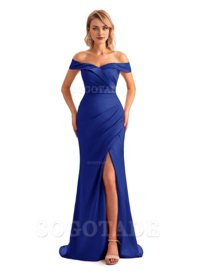 Off Shoulder Side Slit Mermaid Silky Satin Unique Long Formal Wedding Guest Dresses Online